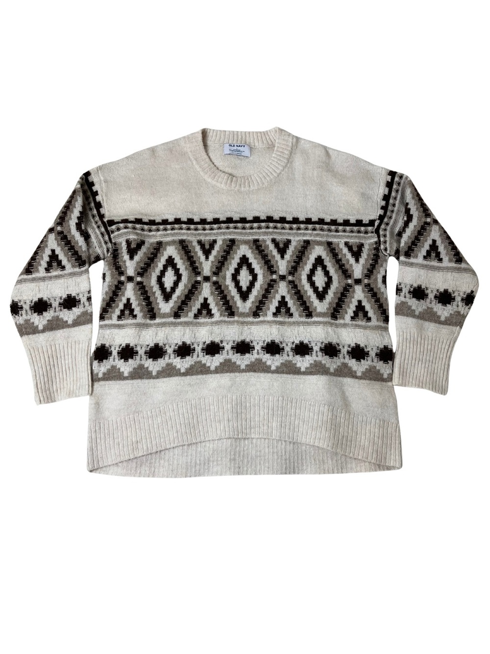Old Navy Women's Large Cream Geometric Fair Isle Crewneck Sweater